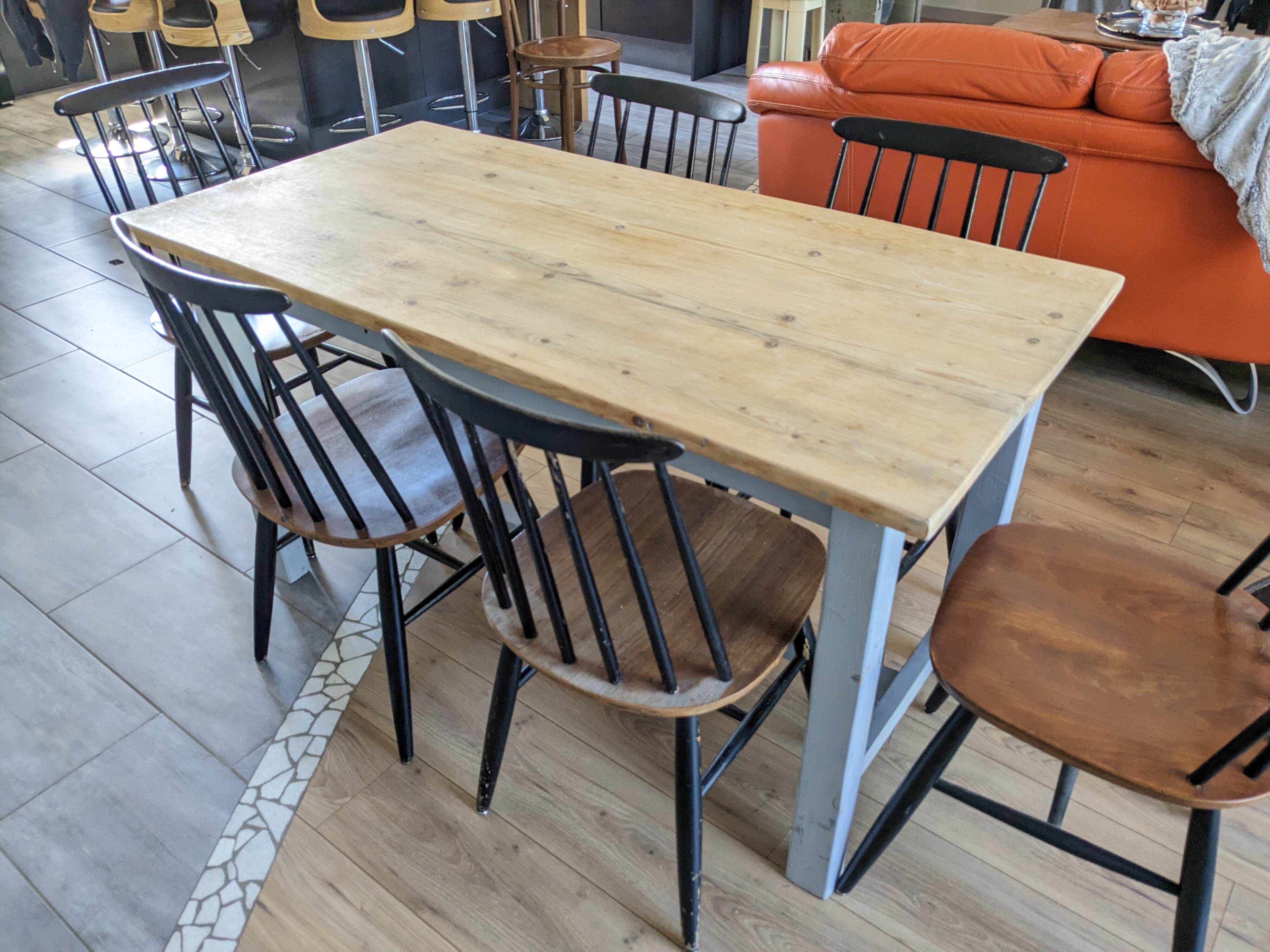 Sky blue and light wood farm table early 20th century 138 cm