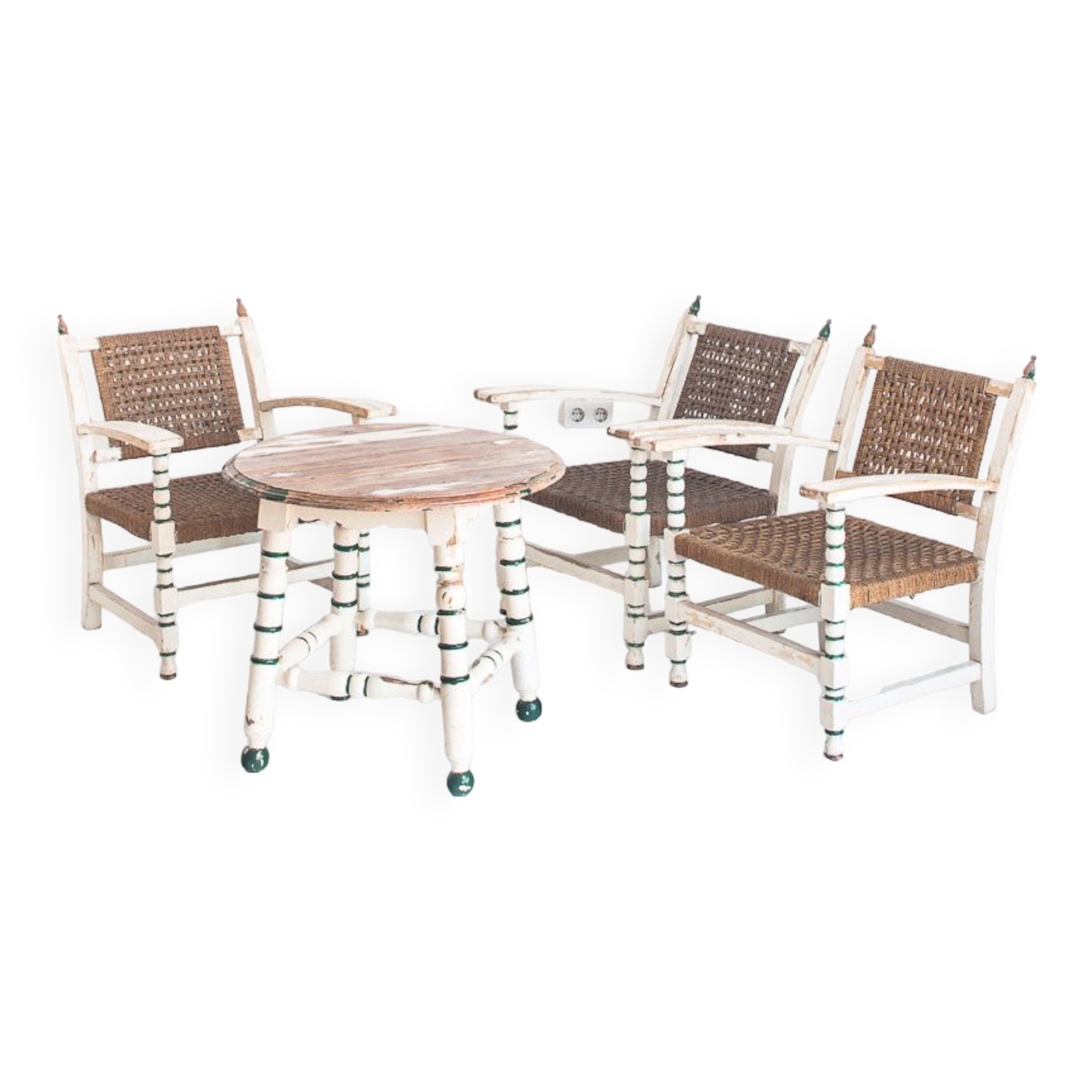 Set of vintage wooden and woven rope armchairs with a matching table. Spain, 1960s.