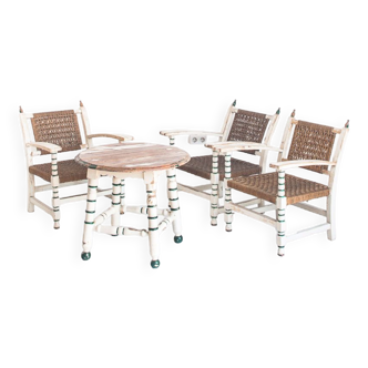 Set of vintage wooden armchairs and braided rope with a matching table. Spain, 60s