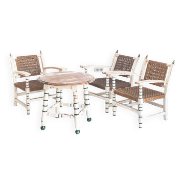 Set of vintage wooden and woven rope armchairs with a matching table. Spain, 1960s.