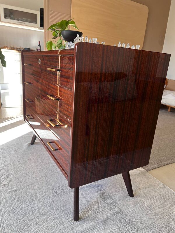 Commode 4 tiroirs Mid-Century en Palissandre de Rio & Laiton — 1963