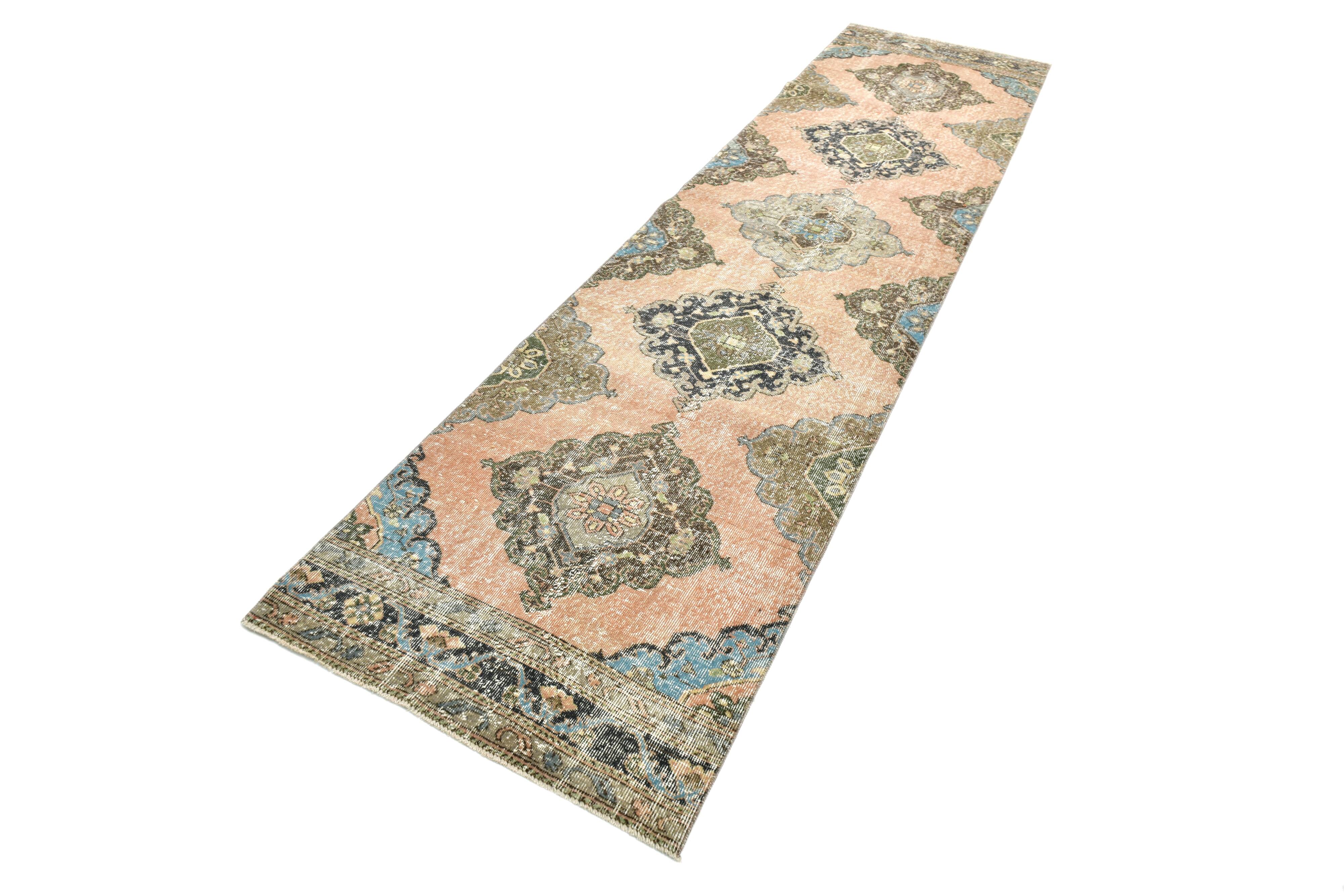 3x12 Salmon & Blue Turkish Vintage Runner Rug, Antique Rugs For Hallway