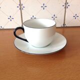 Set of eight white porcelain cups with blue edging / vintage 70s-80s