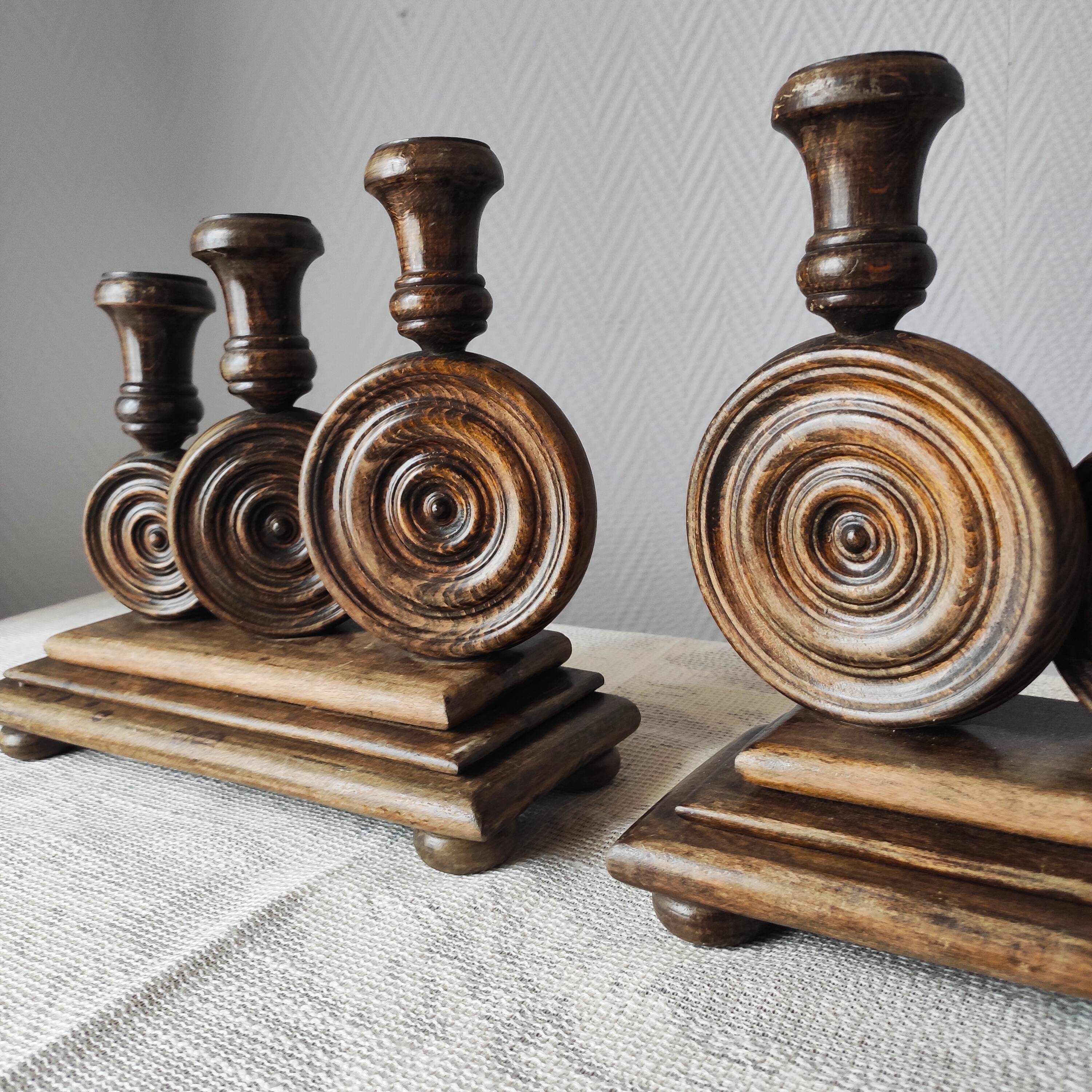 Brutalist turned wood candlestick holders – vintage 50s-60s