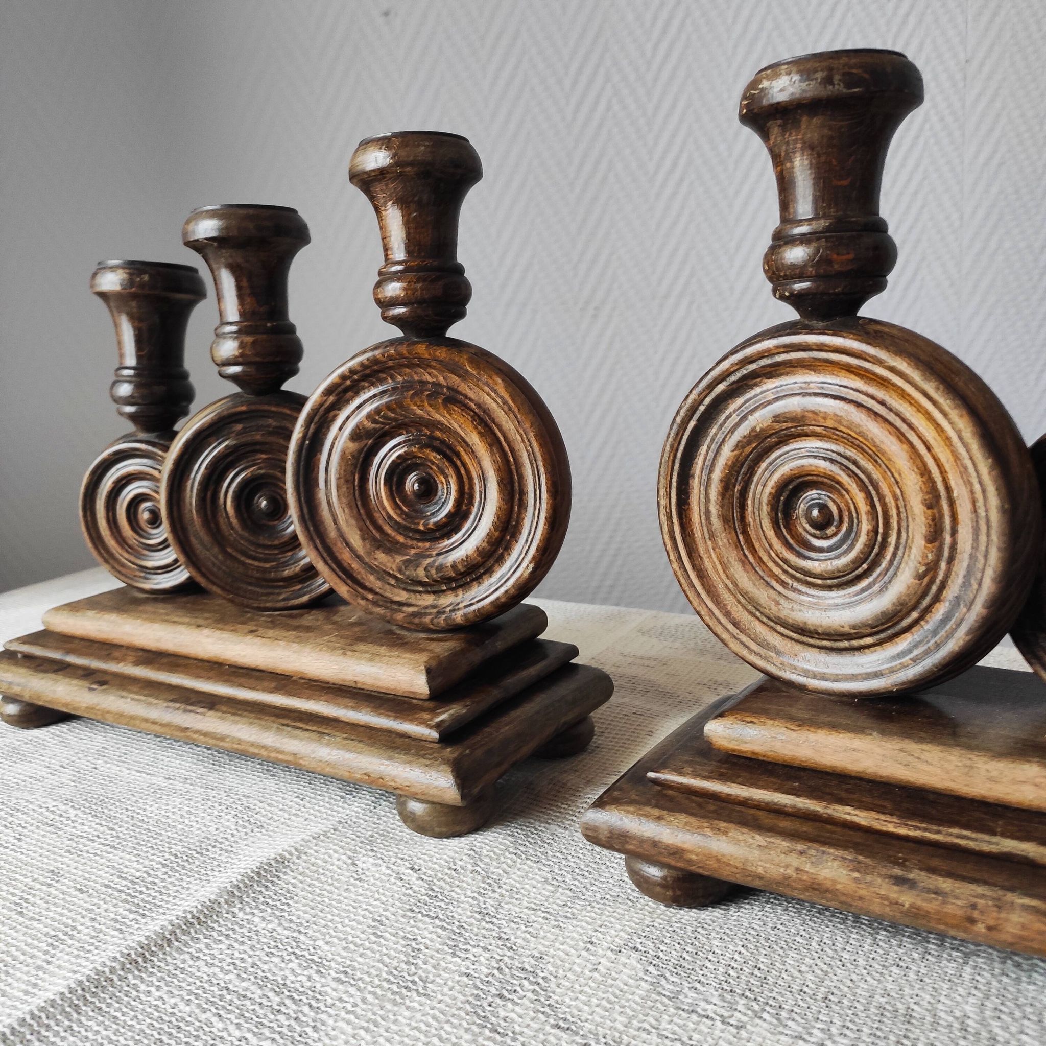 Brutalist turned wood candlestick holders – vintage 50s-60s