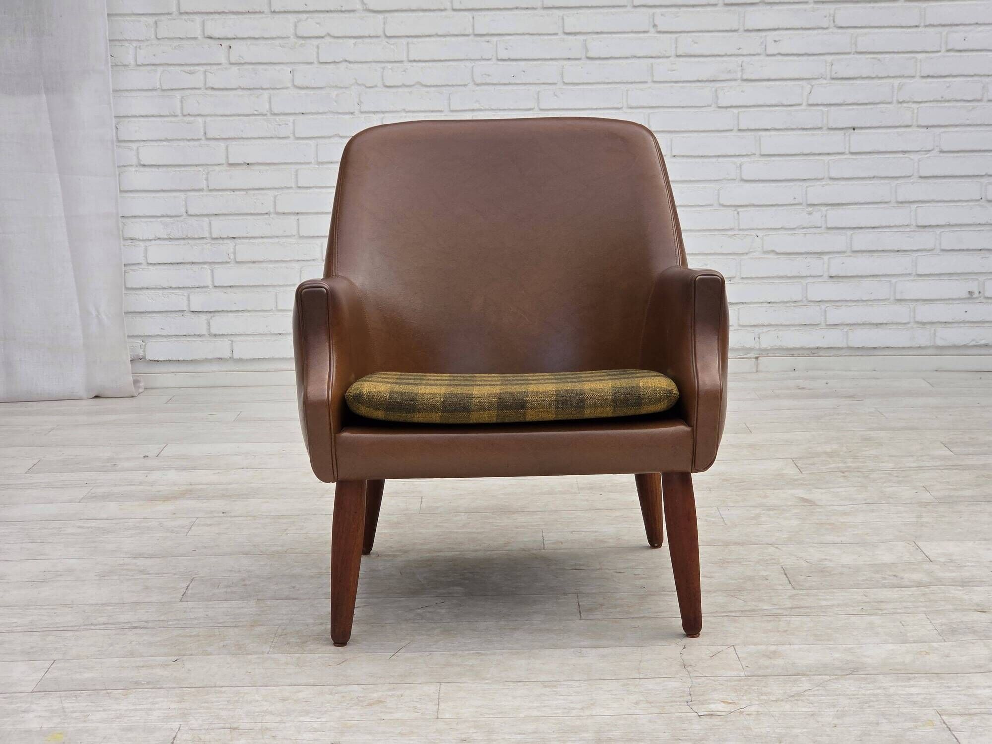 1970s, Danish armchair, artificial leather, teak wood legs.