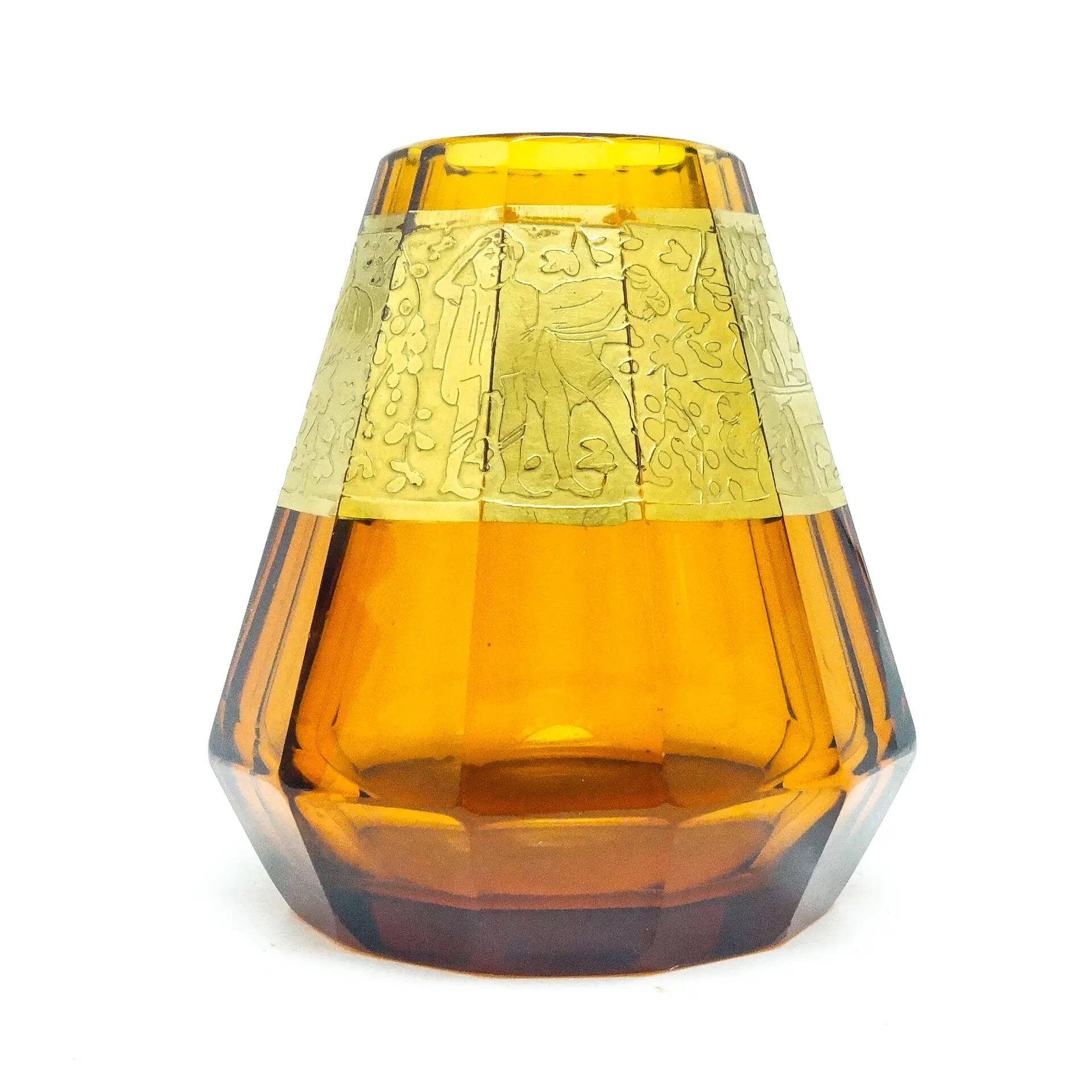 Art Deco vase, honey glass, oroplastic, Czechoslovakia, 1930s