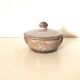 brown and white glazed stoneware sugar bowl