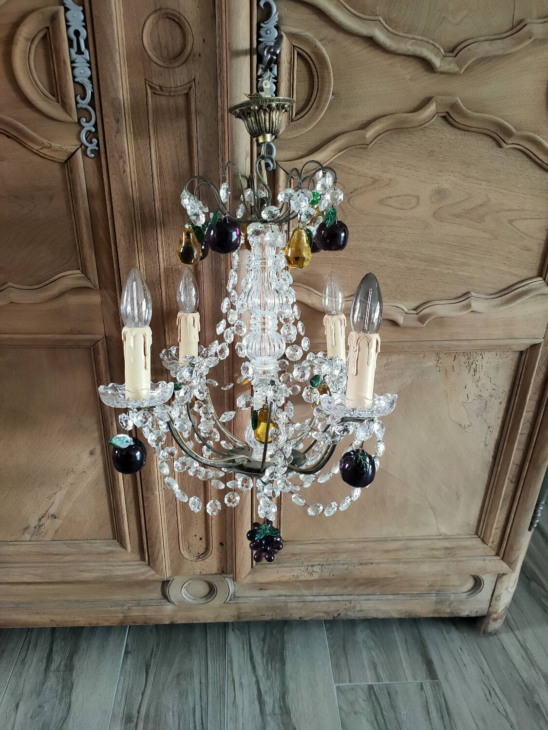 Golden bronze chandelier with fruit pendants