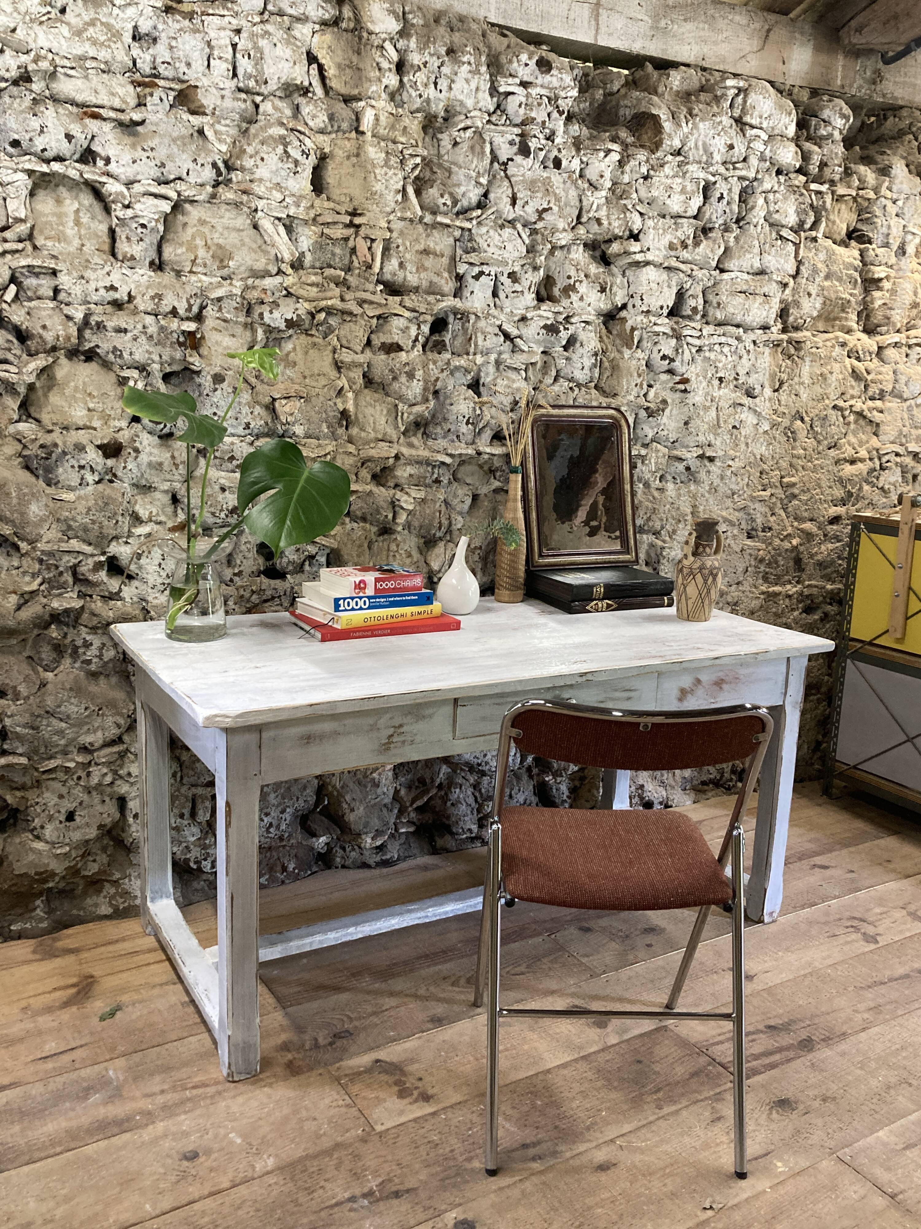Farmhouse table 6 people white patinated in rectangular solid oak