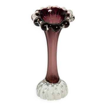 Thin small vintage purple glass vase from the mid-century, Europe, 1960s.