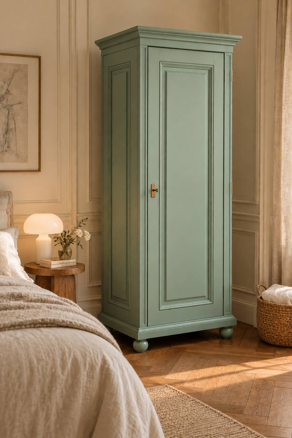 Parisian bonnetière, solid pine, Art Deco, renovated, grey-green.