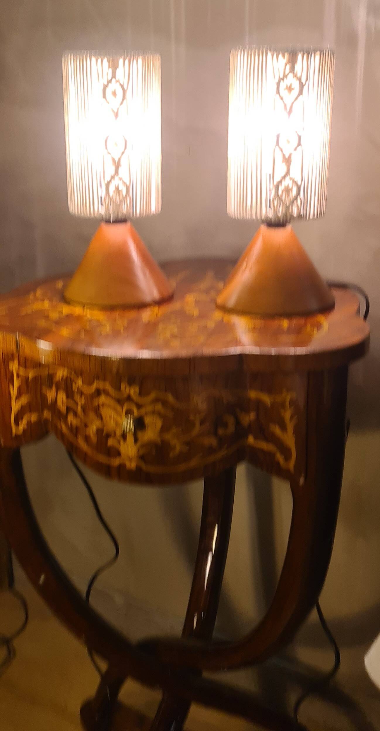 pair of Scandinavian conical wooden lamps with braided cord lampshade 28x12