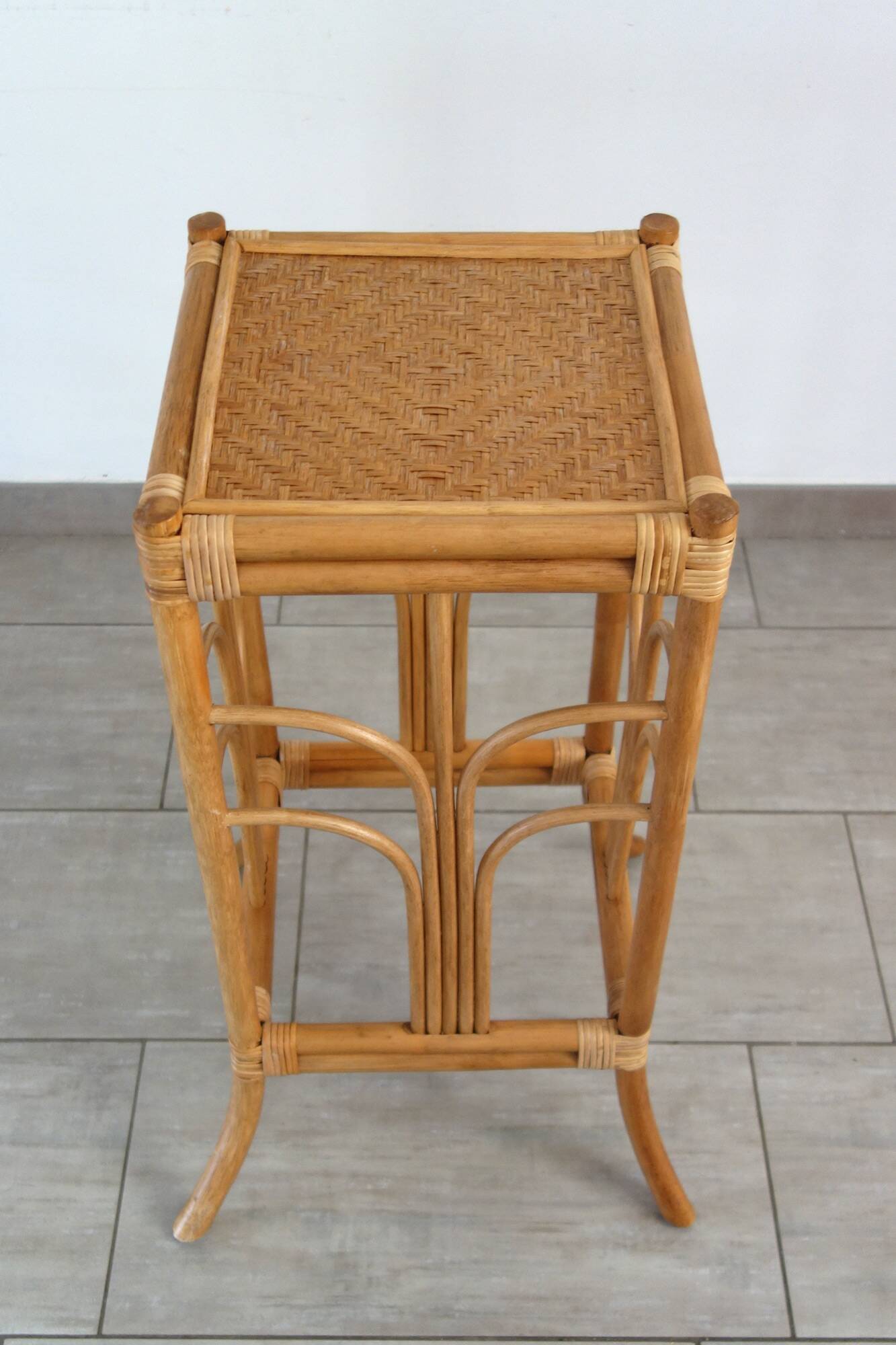 Vintage bamboo and woven rattan side table.