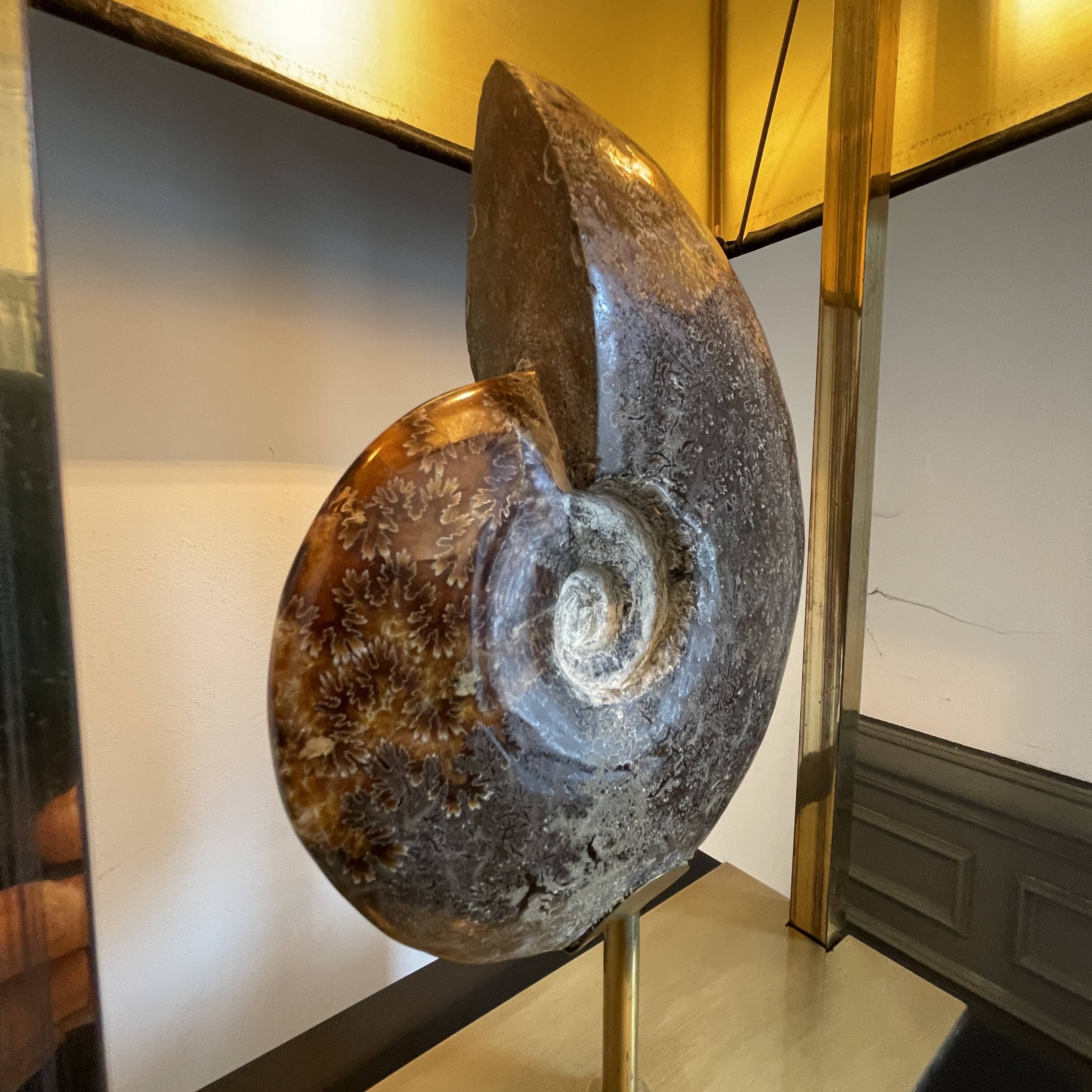 MAISON JANSEN (attr) 'Ammonite' lamp 102cm, gilded brass and black lacquered wood