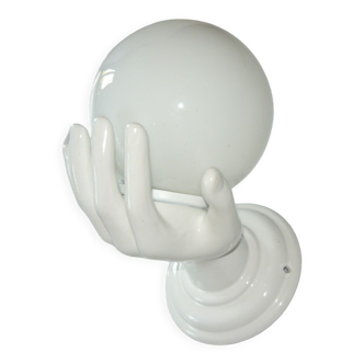 Hand lamp in white ceramic and white opaline globe, in perfect condition