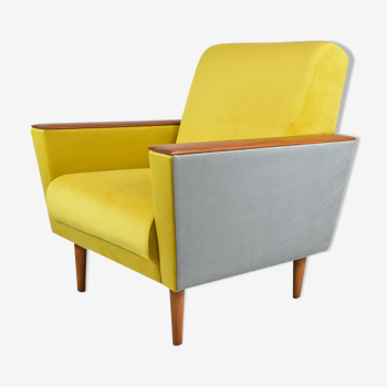 Mid-century modern armchair, restored, 1960s, Germany, DDR, velvet grey yellow