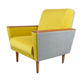 Mid-century modern armchair, restored, 1960s, Germany, DDR, velvet grey yellow