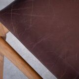 Mid-Century Stool in Beech with Brown Leather Seat, Denmark, 1950s