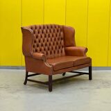 English Georgian Style Tufted Leather Chesterfield Wingback Two Seater Sofa
