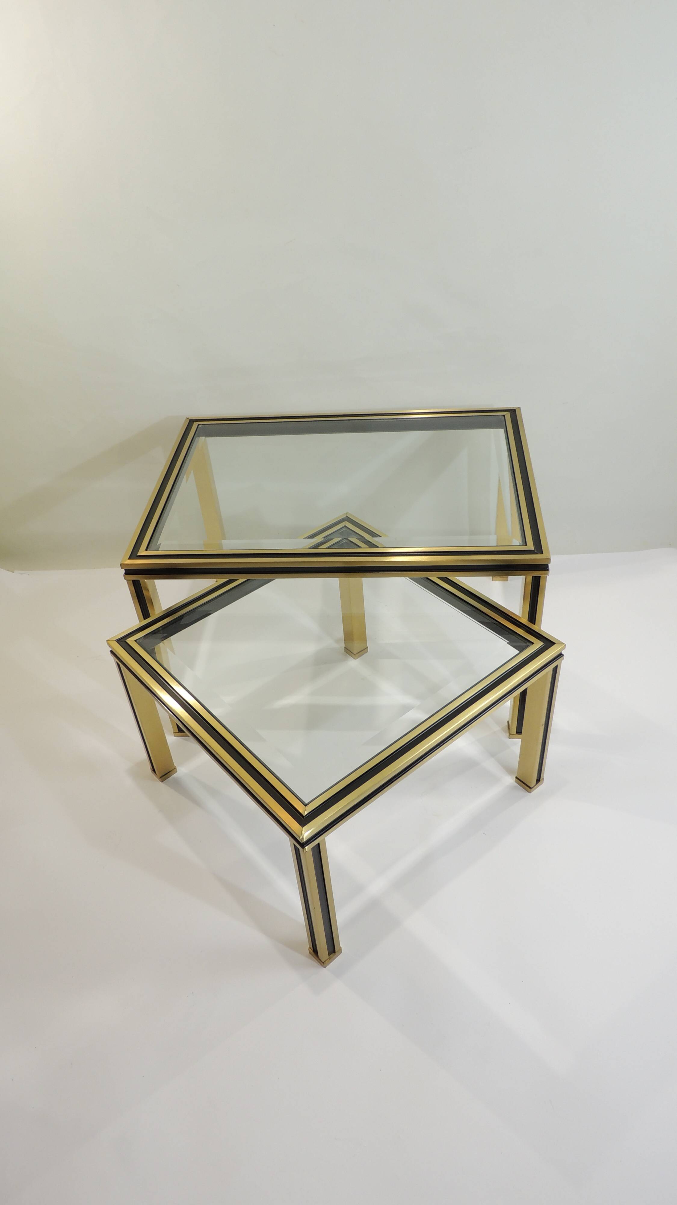 Set of Nesting Coffee Tables in Gold Metal & Beveled Glass by Pierre Vandel