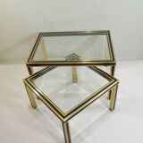 Set of Nesting Coffee Tables in Gold Metal & Beveled Glass by Pierre Vandel