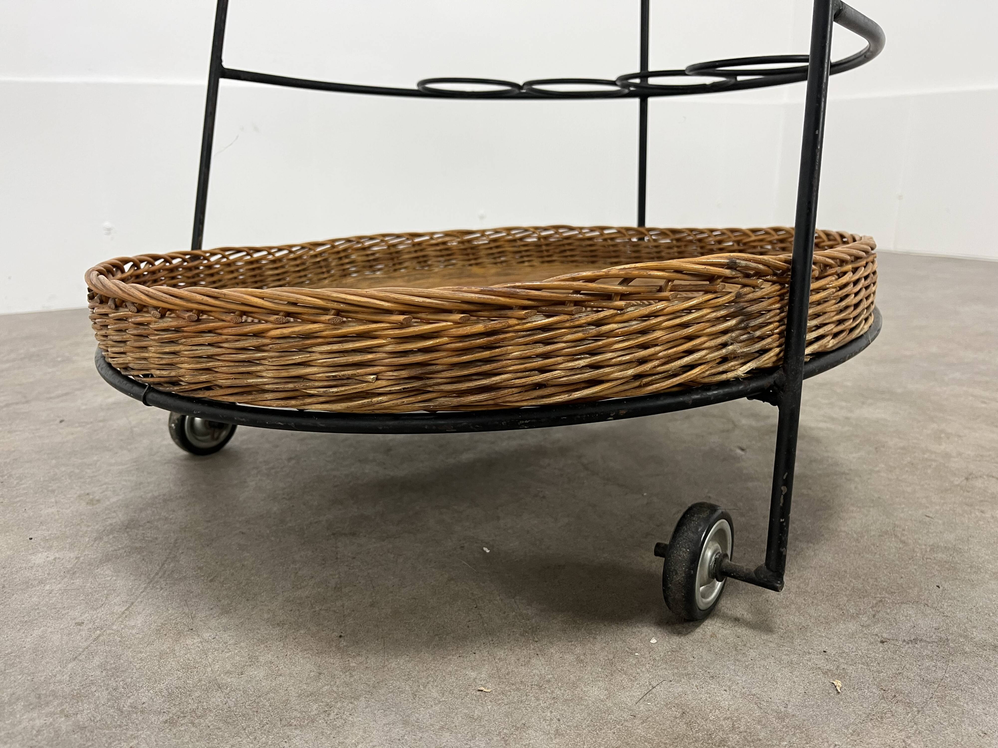 Raoul Guys style metal and rattan serving trolley from the 50s
