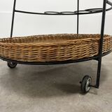 Raoul Guys style metal and rattan serving trolley from the 50s