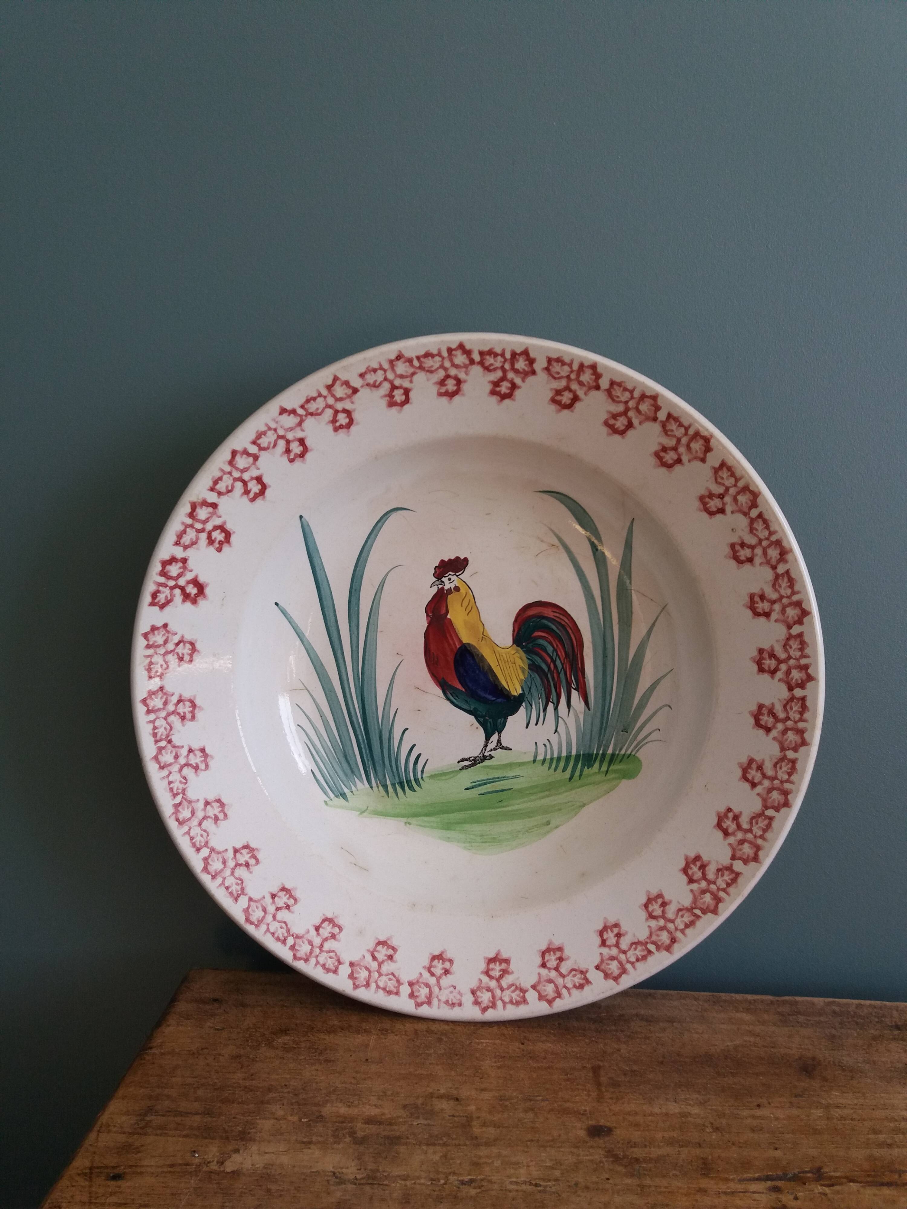 Antique deep dish with hand-painted rooster, Charolles earthenware