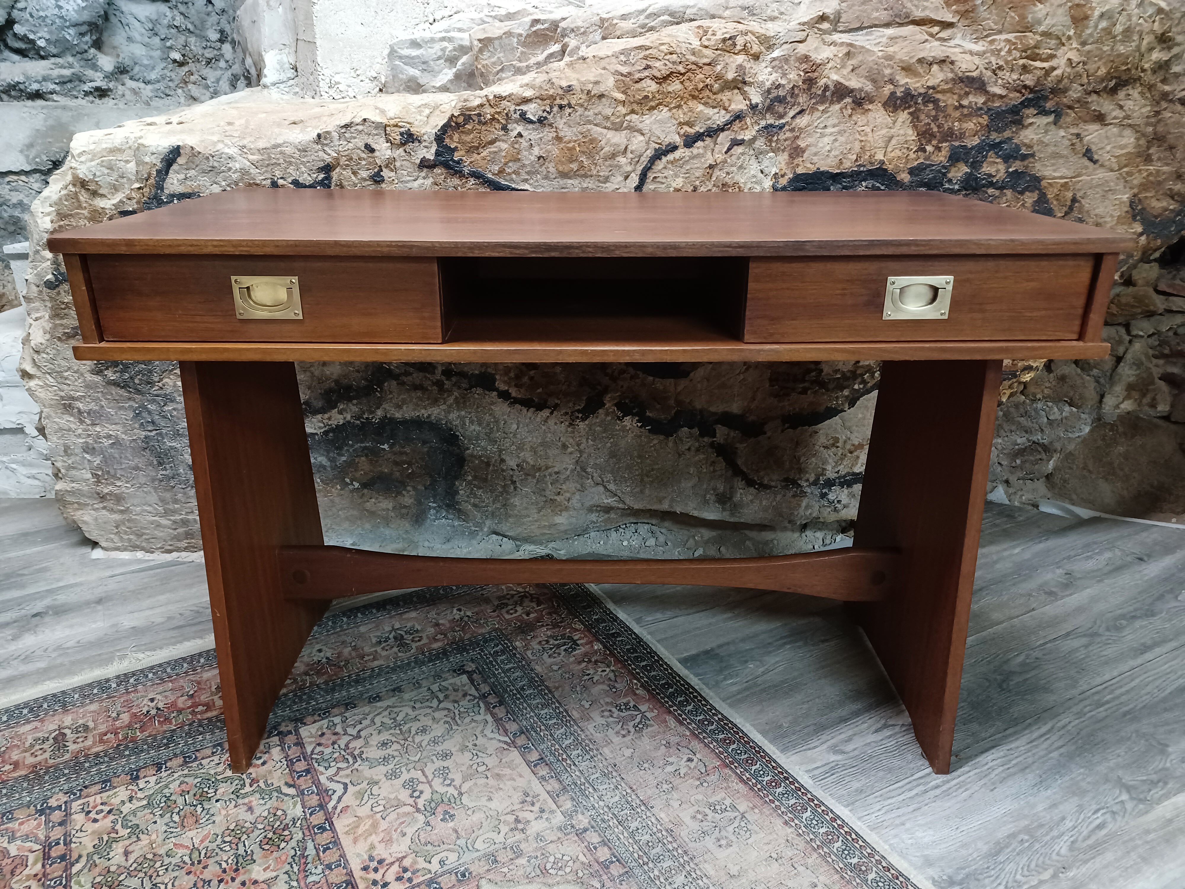 Retro design desk in veneer and brass 60s-70s