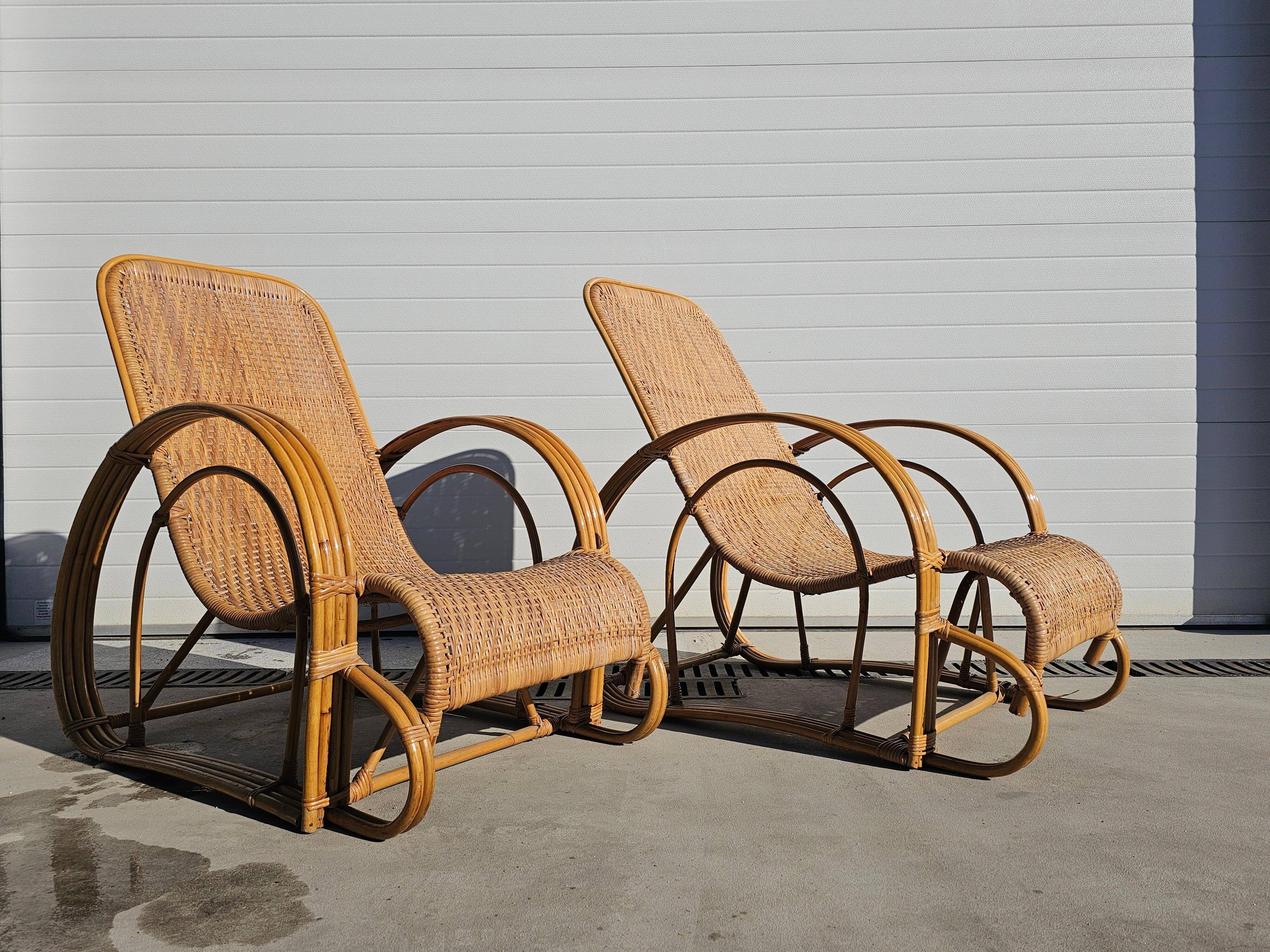 Paire de chaises longues XXL Mid Century Modern en bambou et rotin