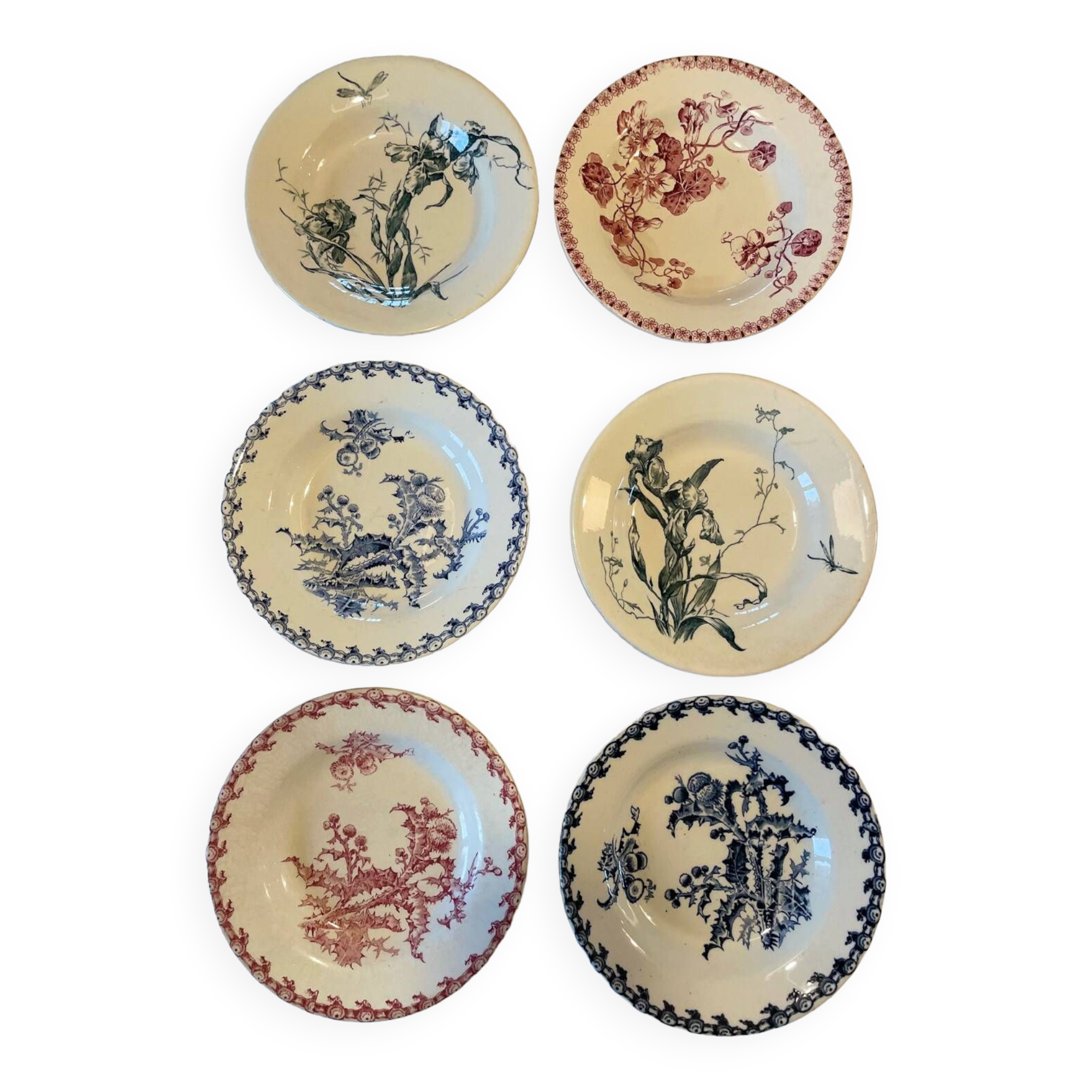 6 Mismatched Terre de Fer Hollow Plates Gien Late 19th Early 20th