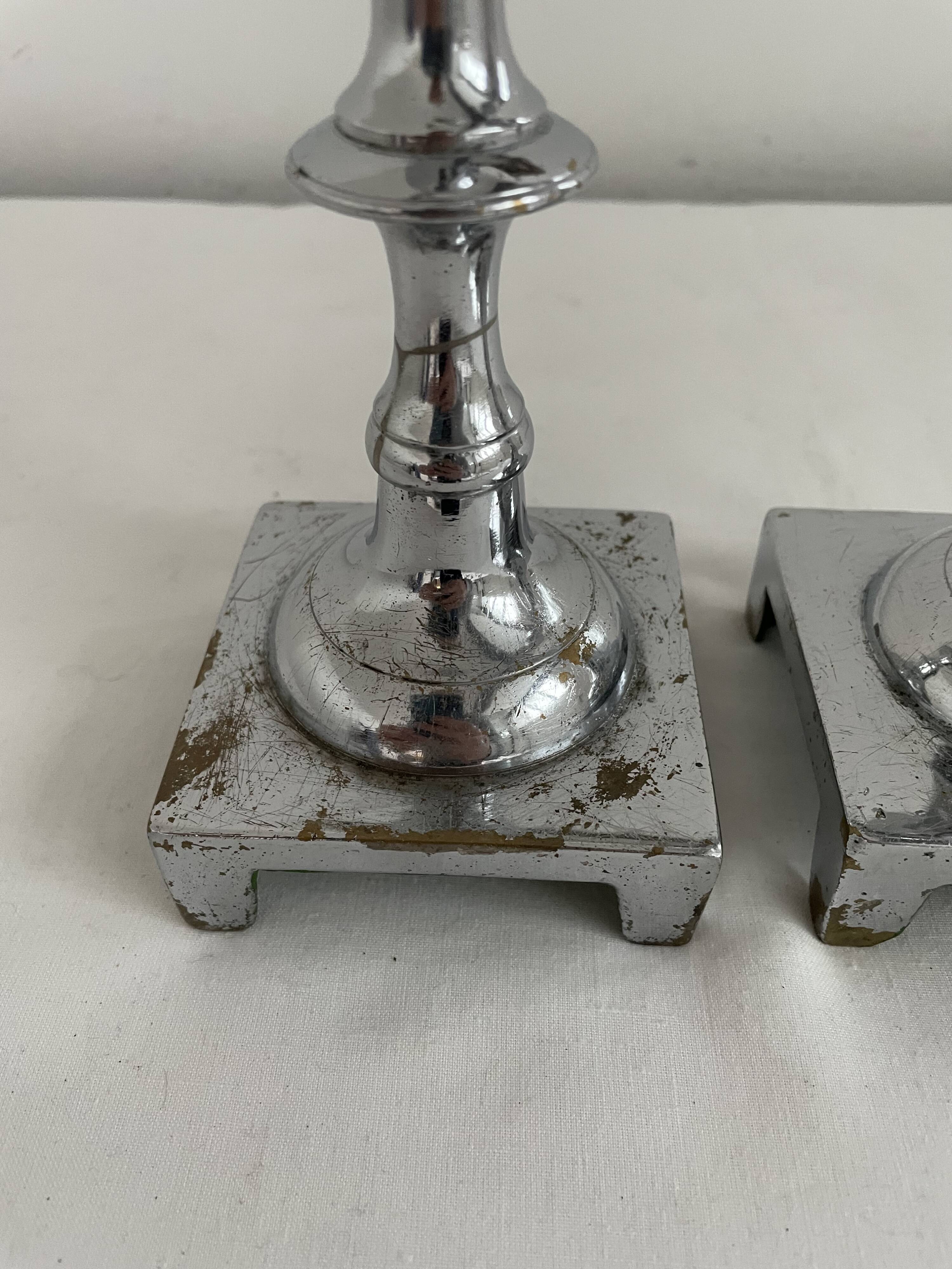 Large antique silver plated candlesticks, square base, pair, classic