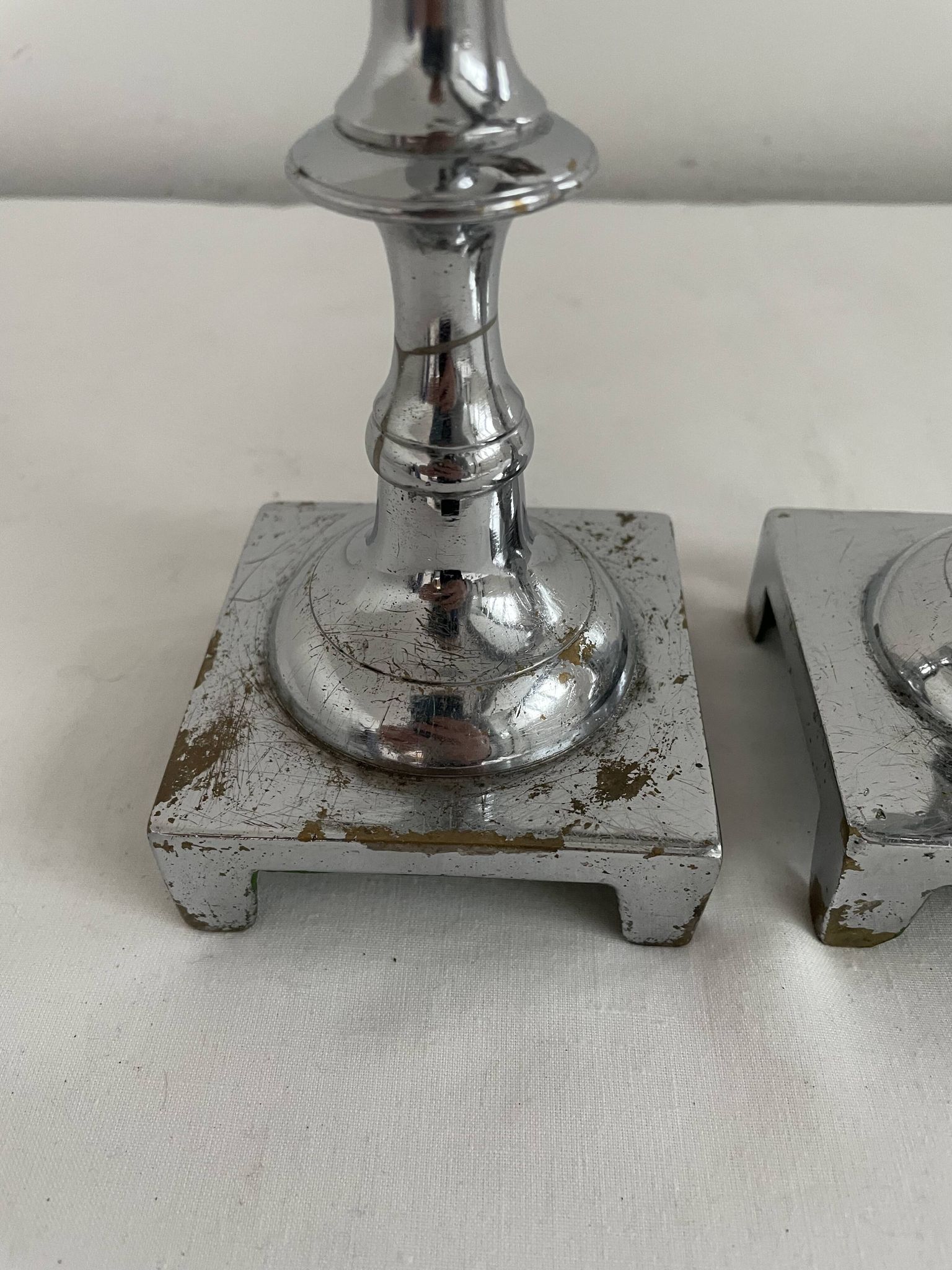Large antique silver plated candlesticks, square base, pair, classic