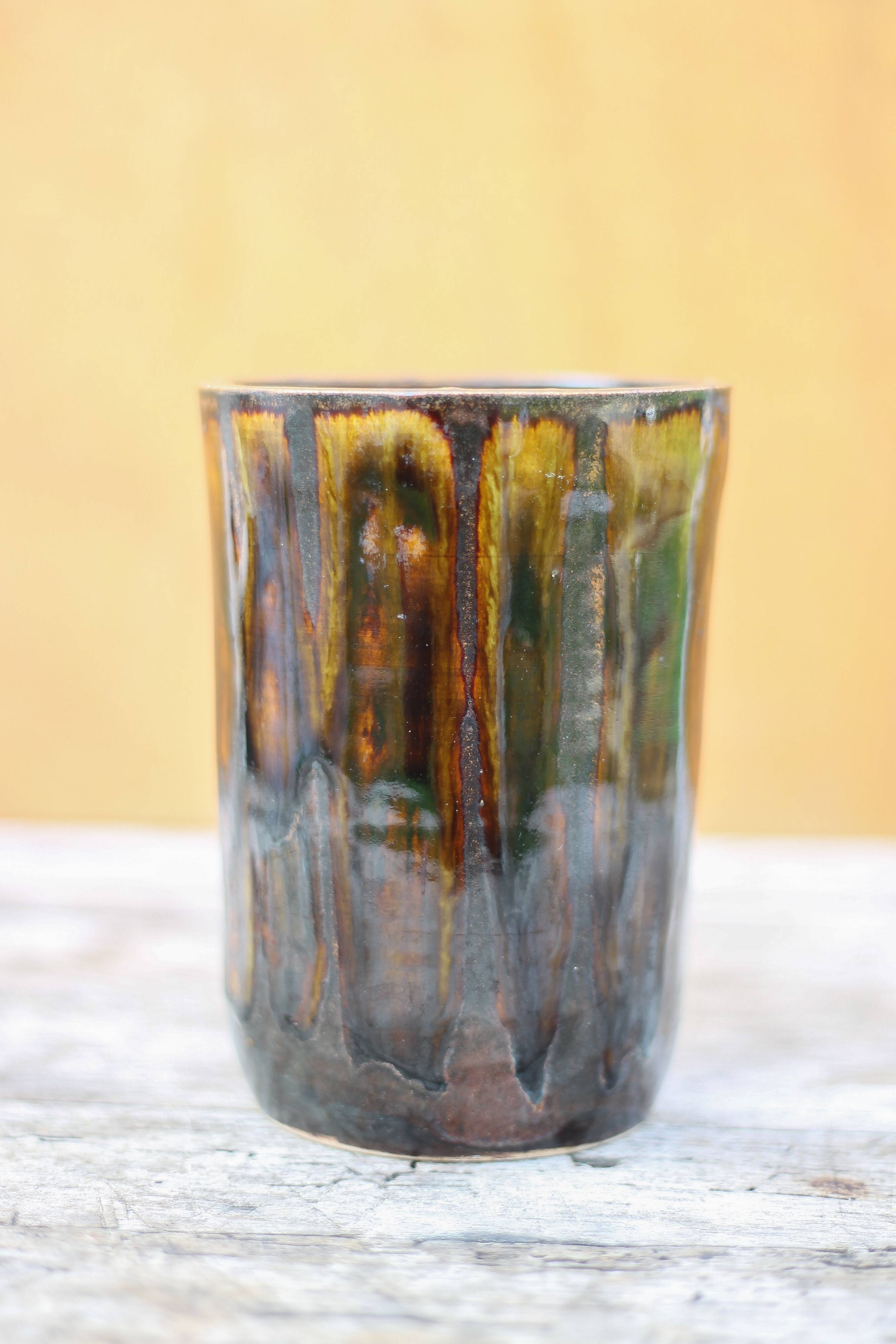 Glazed stoneware vase with drips, vintage signed vase, flower pot