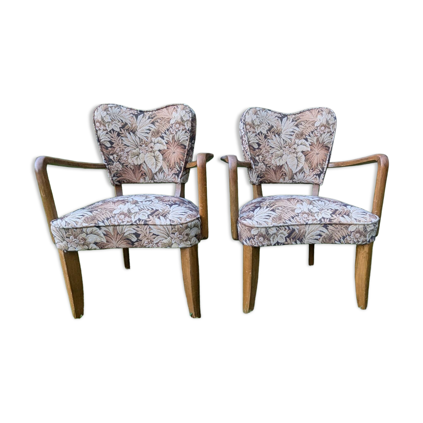 PAIR OF VINTAGE ART DECO BRIDGE ARMCHAIRS / 1940s-50s – SOLID WOOD