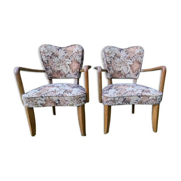 Paire de fauteuils bridge Art déco en bois massif, années 40-50