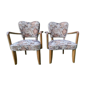 PAIR OF VINTAGE ART DECO BRIDGE ARMCHAIRS / 1940s-50s – SOLID WOOD