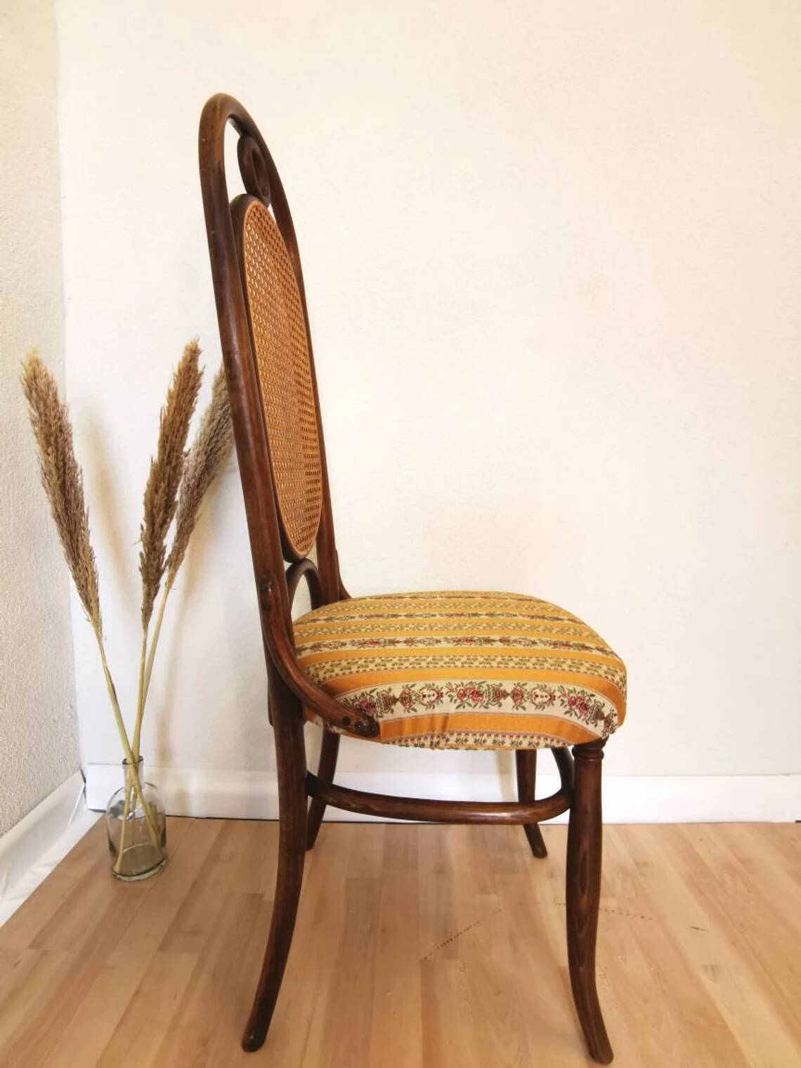 Vintage Thonet Bentwood Chair: Retro Fabric, Cane Backrest, 1970s Yugoslavi