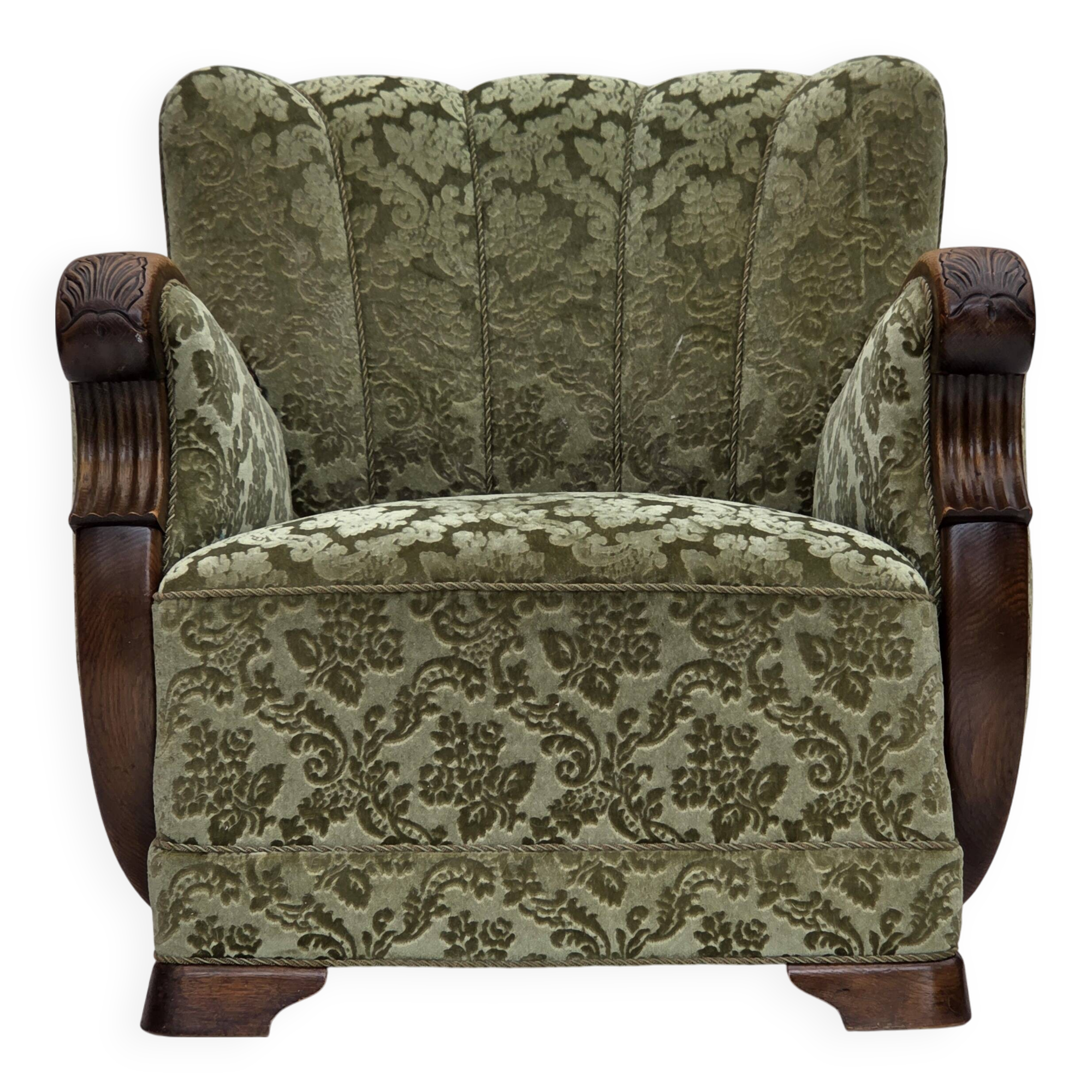 1960s, Danish armchair, green furniture velour, solid oak wood.