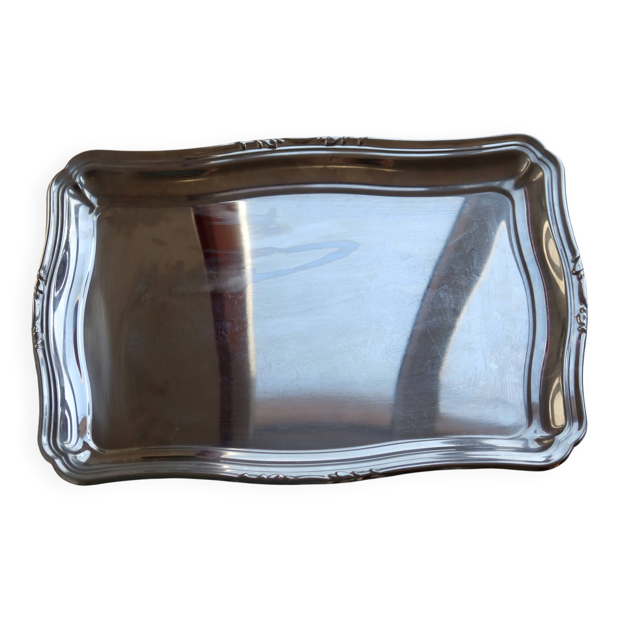 Grand plateau de service vintage en métal argenté