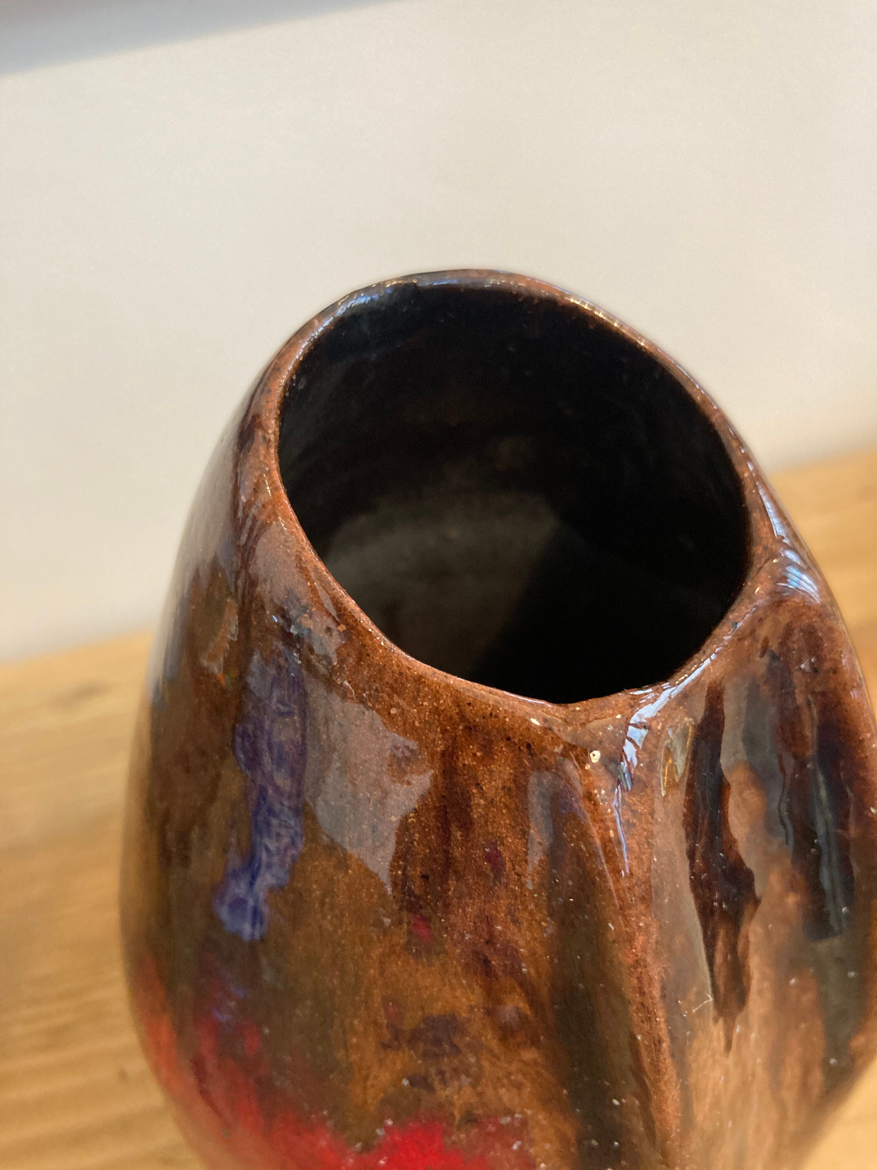 Red & brown glazed stoneware vase