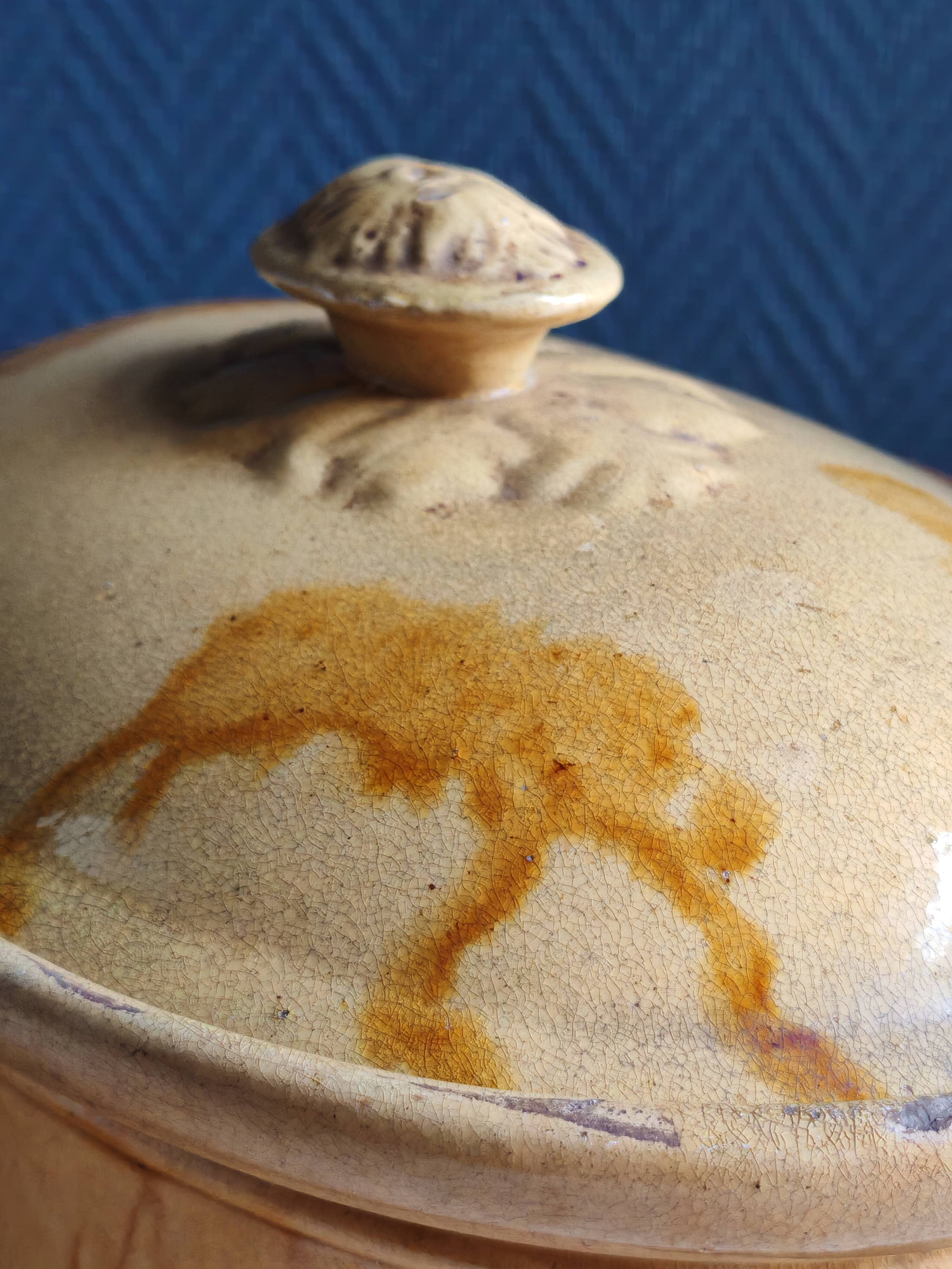 Old yellow ochre glazed terracotta terrine | Rustic pottery