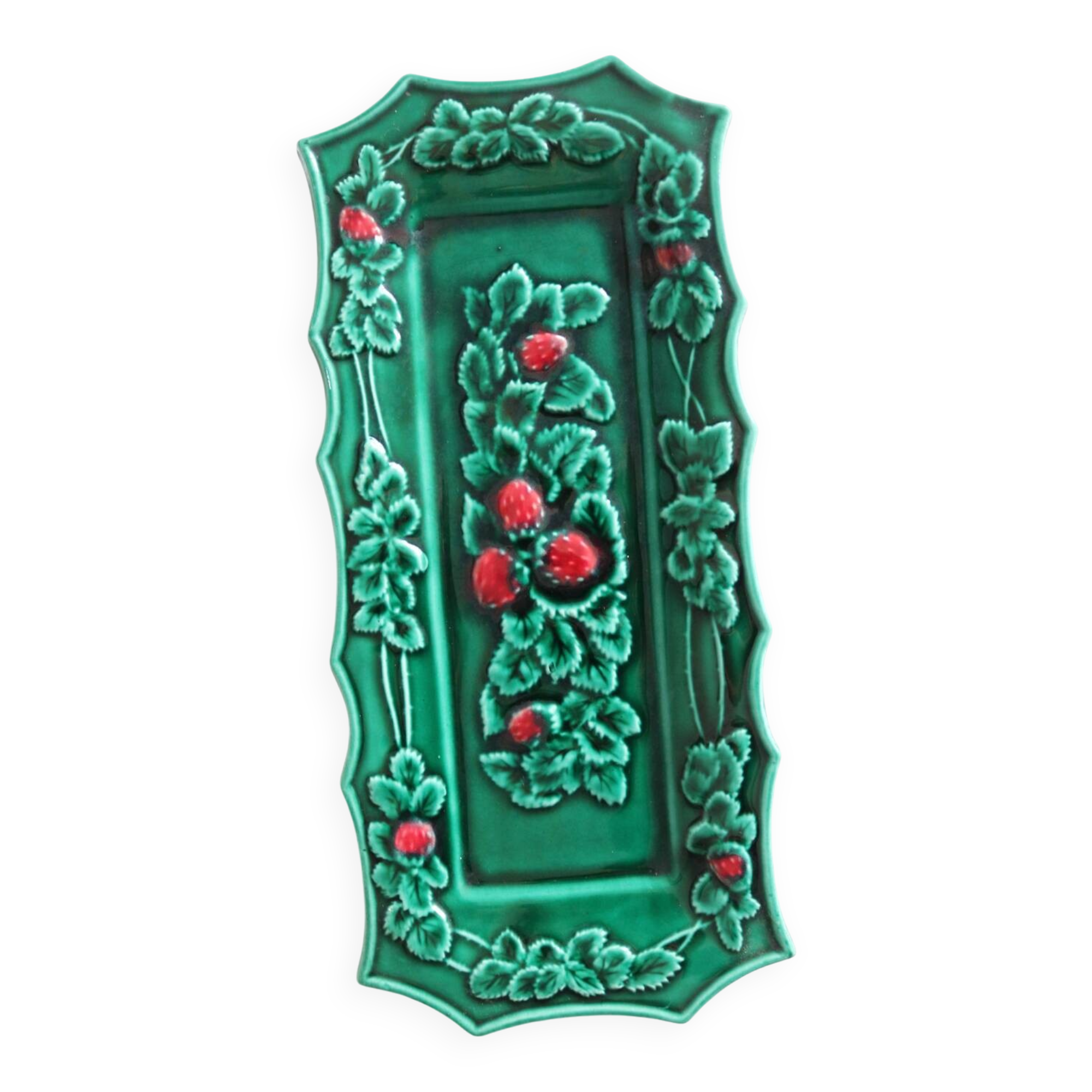 Large rectangular dish in green slipware with a strawberry design – Valla