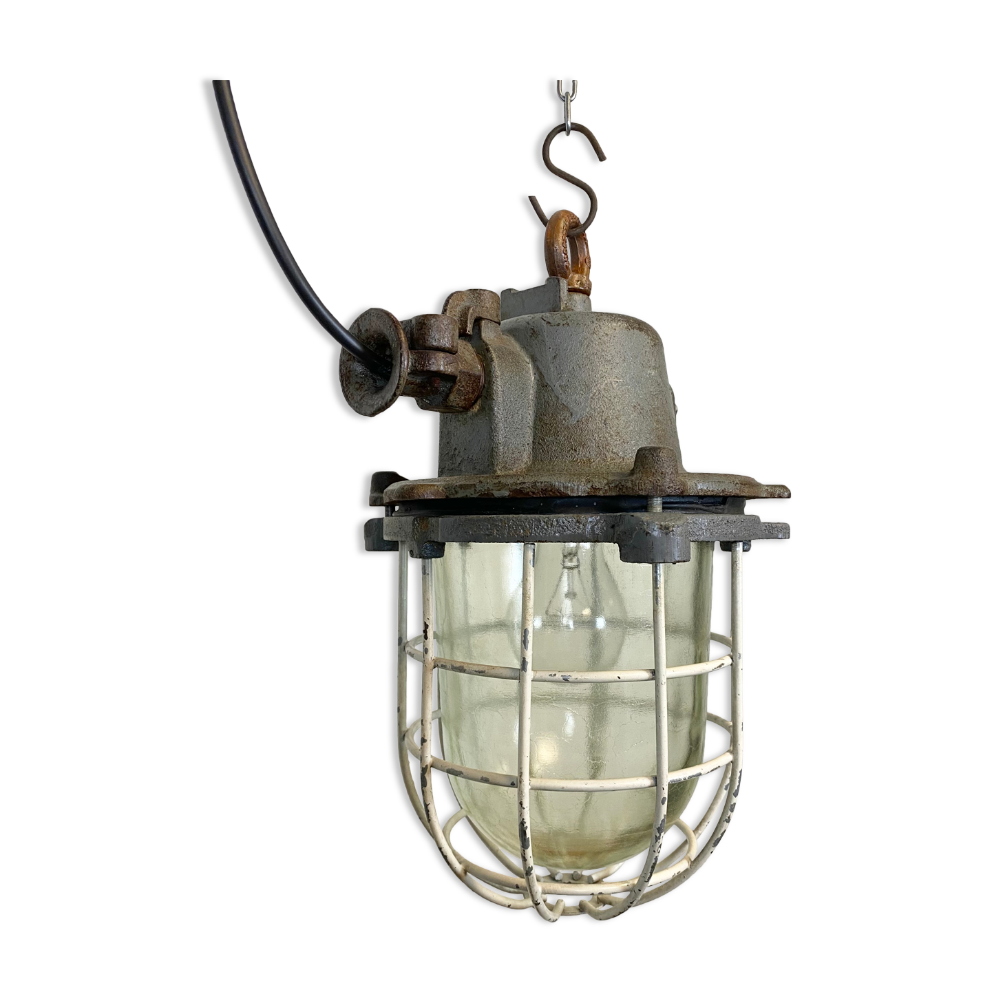 Grey cast iron industrial cage pendant light, 1970s