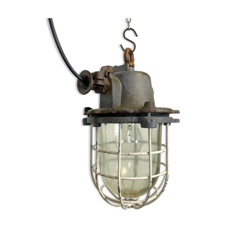 Grey cast iron industrial cage pendant light, 1970s