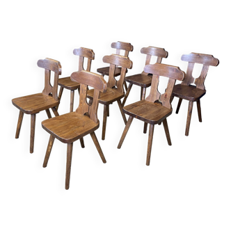 Set of 8 carved wooden chalet chairs from the 60s France