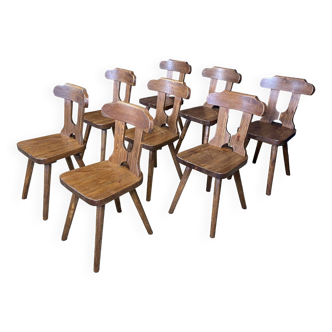 Ensemble de 8 chaises de chalet en bois sculpté années 60 France