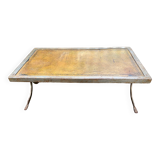 Table basse industrielle en fer forgé argenté et cuir année 70