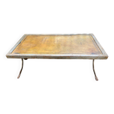 Table basse industrielle en fer forgé argenté et cuir année 70